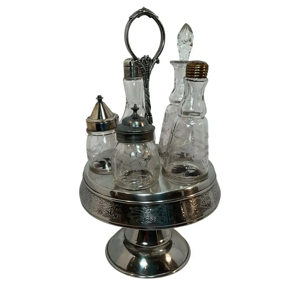 Antique Meriden Cruet Set Silver Plate Rotating Castor 5 Bottle Condiment Oil